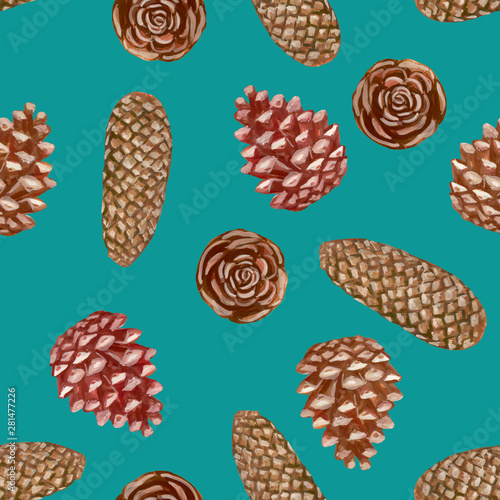 Seamless pattern. Acrylic drawing of cones on a blue background. Realistic drawing. Botanical sketches. Vintage style. Element for design of cards, wrapping paper, scrapbooking, etc.