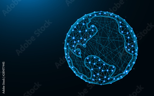 Planet Earth low poly design, Science abstract geometric image, astrology wireframe mesh polygonal vector illustration made from points and lines on dark blue background