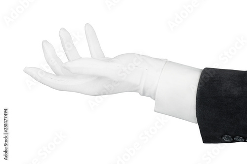 Close up of open man hand in black suit and white glove isolated on white with clipping path