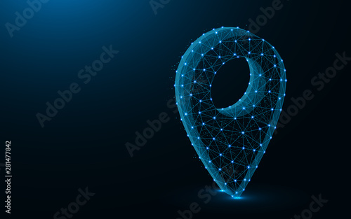 Location pin low poly design, navigation abstract geometric image, local or gps wireframe mesh polygonal vector illustration made from points and lines on dark blue background