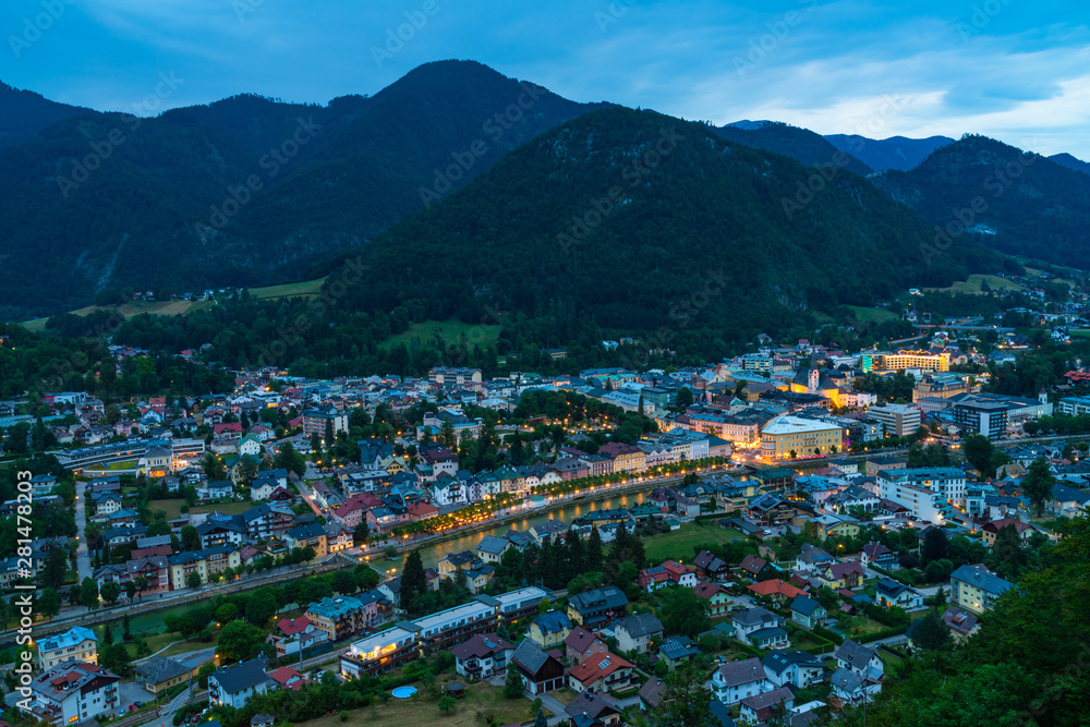Panoramic view of Bad Ischl in Austria from Siriuskogl at dusk.