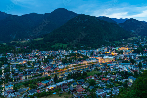 Panoramic view of Bad Ischl in Austria from Siriuskogl at dusk.
