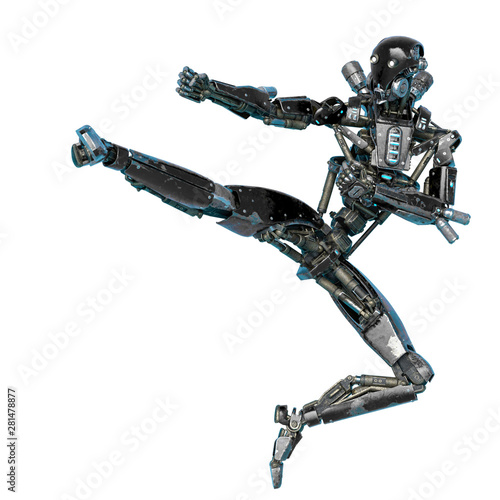 ninja robot in jumping up in a white background rear view