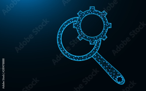 Magnifying glass and cogwheel low poly design, loupe and gear abstract geometric image, SEO configuration wireframe polygonal vector illustration made from points and lines on blue background