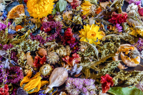 A colorful closeup of dried flowers, dried oranges, fragrant herb leaves, and seedpods used as flower confetti or potpourri photo