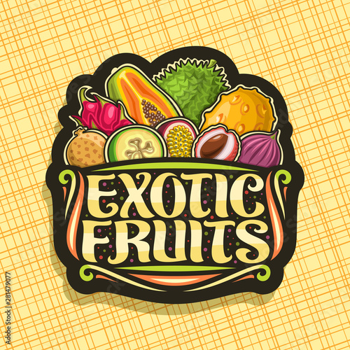 Vector logo for Exotic Fruits, black decorative badge with illustration of heap different healthy fruits, design sign board with original brush typeface for words exotic fruits on abstract background.