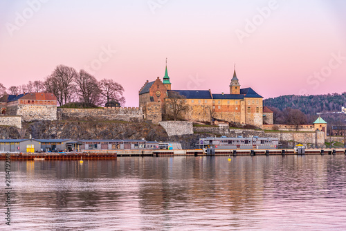 Sunset view of the Akershus fort in Oslo, Norway
