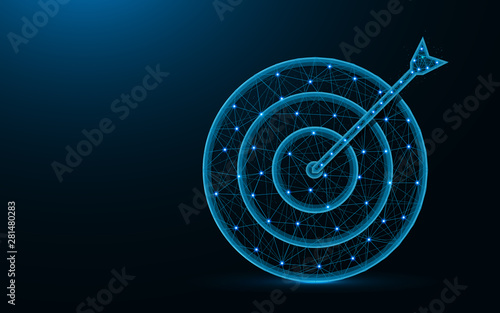 Target poly design, Arrow and aim abstract geometric image, get into the bullseye wireframe mesh polygonal vector illustration made from points and lines on dark blue background