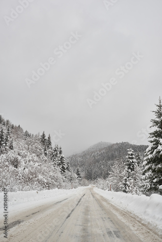 Winter vacation view of mountains and fir three forest. Snow road. © Andrey Cherlat