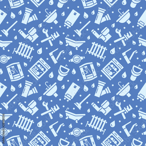 Plumbing service vector seamless pattern with flat silhouette icons of house bathroom equipment, faucet, toilet, washing machine, dishwasher. Plumber repair illustration, signs for handyman services