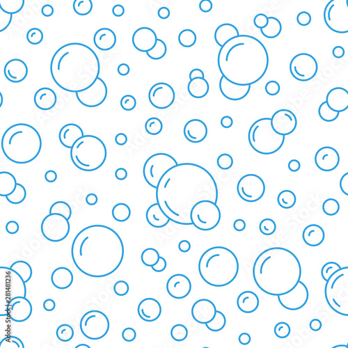 Bubbles vector seamless pattern with flat line icons. Blue white color soap texture. Fizzy water background, abstract effervescent effect wallpaper