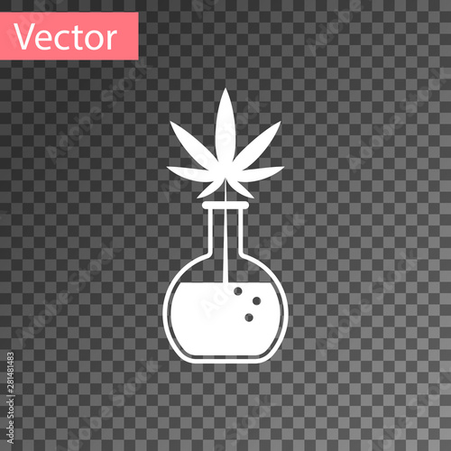 White Chemical test tube with marijuana or cannabis leaf icon isolated on transparent background. Research concept. Laboratory CBD oil concept. Vector Illustration