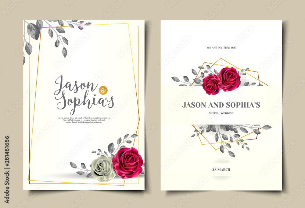 Vintage wedding invitation template layout set with rose flower and golden frame
