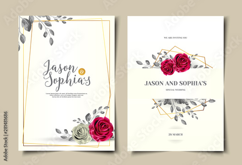 Vintage wedding invitation template layout set with rose flower and golden frame
