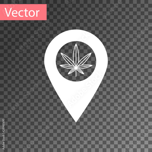 White Map pointer and marijuana or cannabis leaf icon isolated on transparent background. Hemp symbol. Vector Illustration