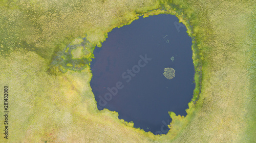 Quadro em tela Aerial photo of swamp and lake in vegetated wetland