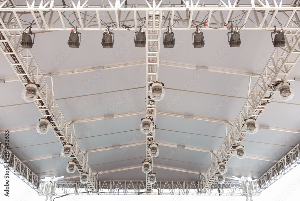 Detailed covered stage light and effect scaffolding. Outdoor stage