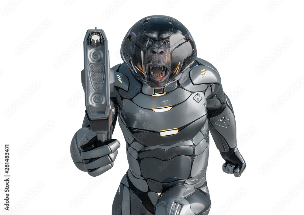 chimpanzee astronaut got a gun front view in a white background chimpanzee astronaut got a gun front view in a white background
