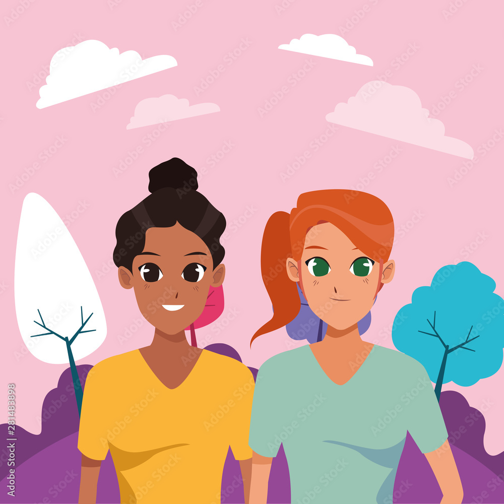 Two young women friends smiling cartoons Two young women friends smiling cartoons