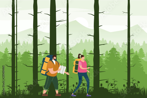 Tourists cute couple in love performing outdoor touristic activity - adventure travel, hiking walking trip