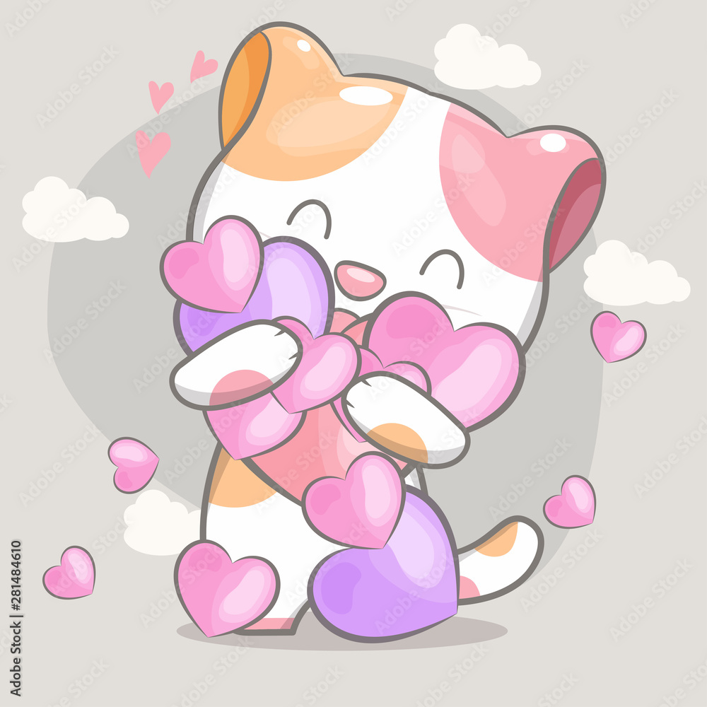 hand drawn cute cat with heart illustration for kids