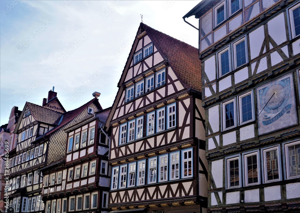 Row of half-timbered houses in the old town of Hann. Muenden