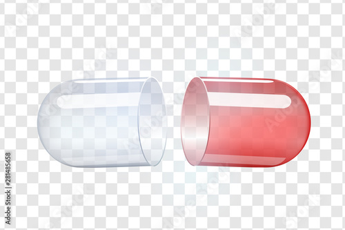 empty transparent capsules. Painkillers, antibiotics, vitamins, amino acids, minerals, bio active additive, sports nutrition. Icons of medicament. Medical illustration on background.