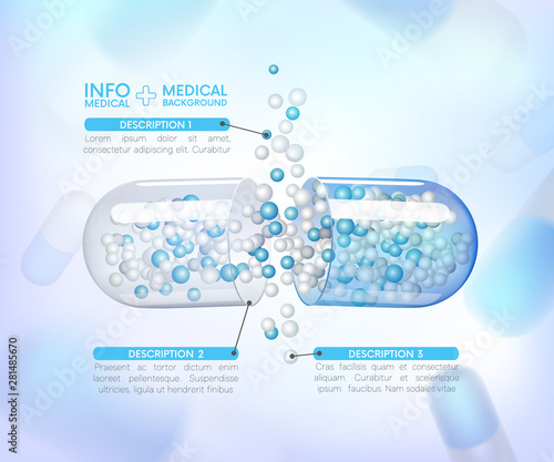 capsules info graphic. Painkillers, antibiotics, vitamins, amino acids, minerals, bio active additive, sports nutrition. Icons of medicament. Medical illustration on blue background.