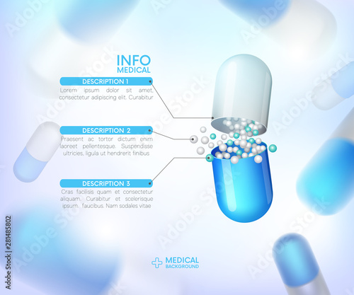 capsules info graphic. Painkillers, antibiotics, vitamins, amino acids, minerals, bio active additive, sports nutrition. Icons of medicament. Medical illustration on blue background.