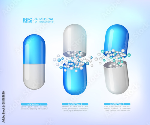 capsules info graphic. Painkillers, antibiotics, vitamins, amino acids, minerals, bio active additive, sports nutrition. Icons of medicament. Medical illustration on blue background.