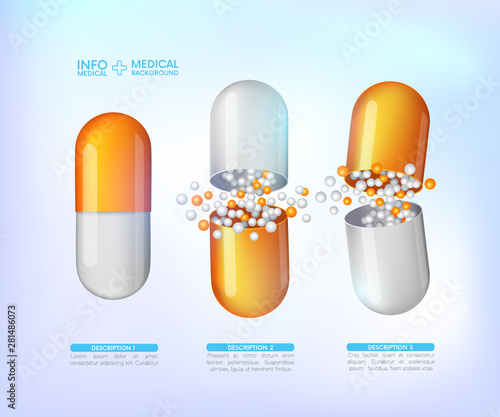 capsules info graphic. Painkillers, antibiotics, vitamins, amino acids, minerals, bio active additive, sports nutrition. Icons of medicament. Medical illustration on blue background.