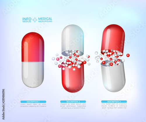 capsules info graphic. Painkillers, antibiotics, vitamins, amino acids, minerals, bio active additive, sports nutrition. Icons of medicament. Medical illustration on blue background.