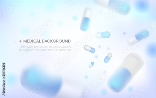 Medical background.blurred capsules. Painkillers, antibiotics, vitamins, amino acids, minerals, bio active additive, sports nutrition. Icons of medicament.