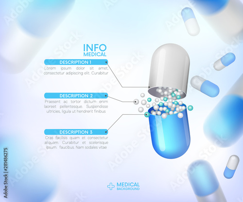 capsules info graphic. Painkillers, antibiotics, vitamins, amino acids, minerals, bio active additive, sports nutrition. Icons of medicament. Medical illustration on blue background.