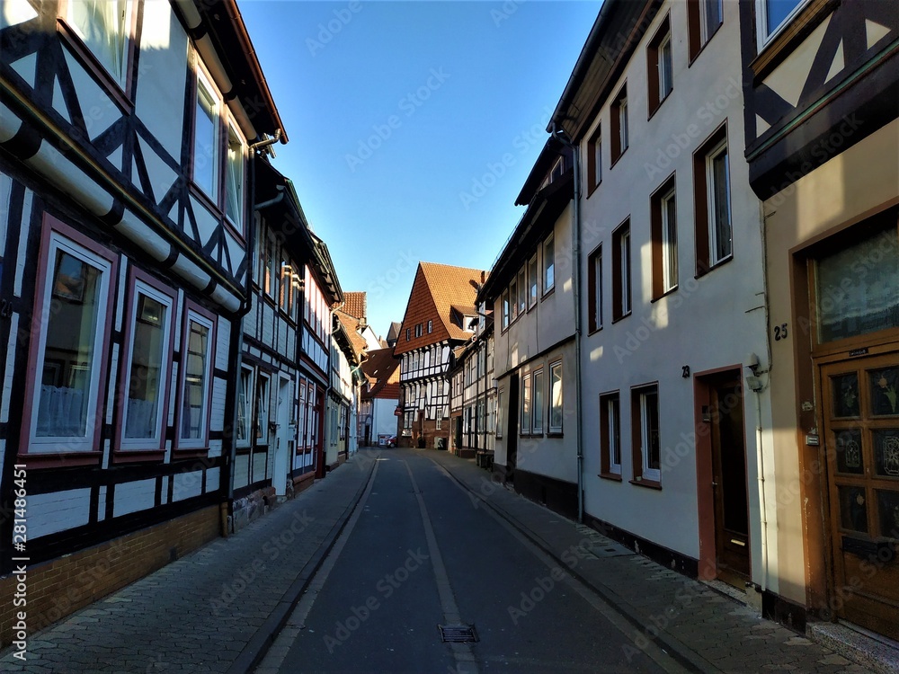 Street with half timbered houses in the old town of Einbeck