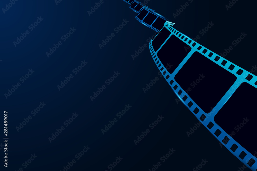 Fototapeta premium Festive design with cinema film strip isolated on blue background. Cinema festival poster or flyer template for your design. Movie time and entertainment concept. Vector illustration