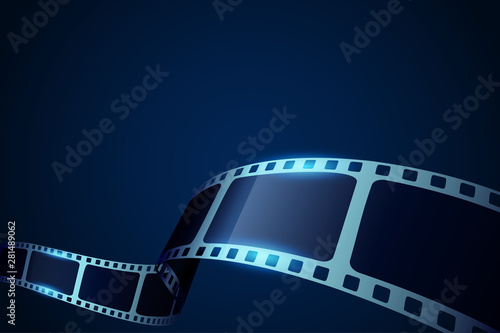 Cinema blue background with film reel. Realistic 3d film strip in perspective. Design template film for poster, brochure, tickets,flyer, leaflet or your idea. Movie time background.Vector illustration