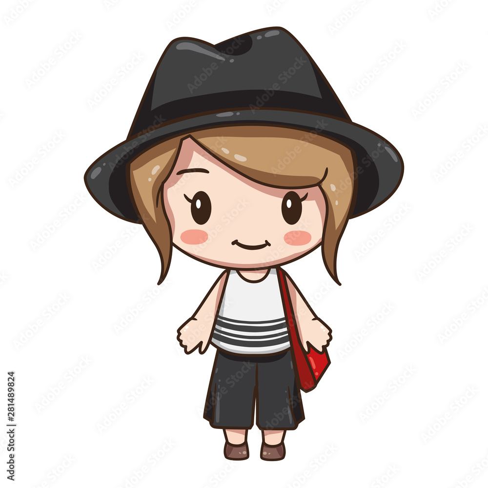 Vector illustration of cute chibi character isolated on white background.  Cartoon little girl in grey hat, white blouse and black trousers.