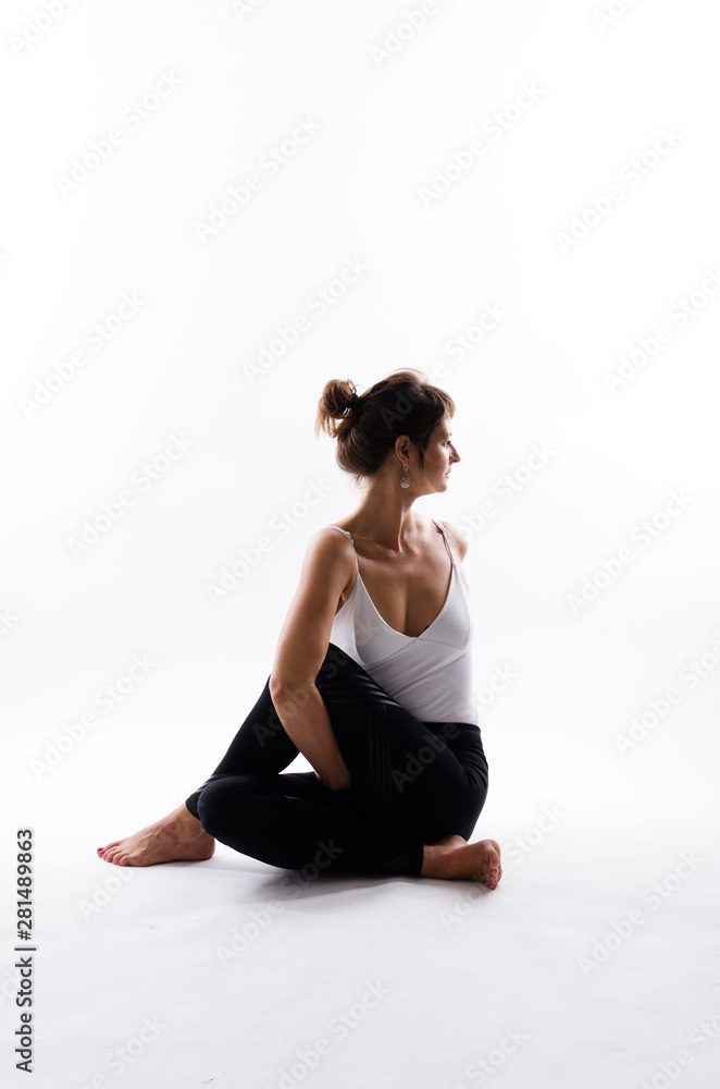 Yoga poses on white background, copy space Yoga poses on white background, copy space