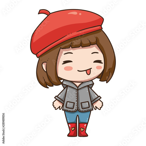 Vector illustration of cute chibi character isolated on white background.  Cartoon little girl in grey coat, red boots and beret. 
