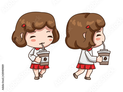 Vector illustration of business girl, secretary  or teacher in formal dress. Cute chibi character isolated on white background. Girl holding cap of coffee in her hand. Front view and side view girl . photo