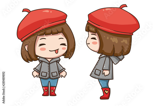 Vector illustration of cute chibi character isolated on white background.  Cartoon little girl in grey coat, red boots and beret. photo
