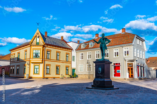 Torvet square in Fredrikstad with statue of the founder of the city - king Fredrik II, Norway photo