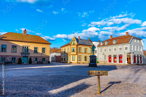 Torvet square in Fredrikstad with statue of the founder of the city - king Fredrik II, Norway photo