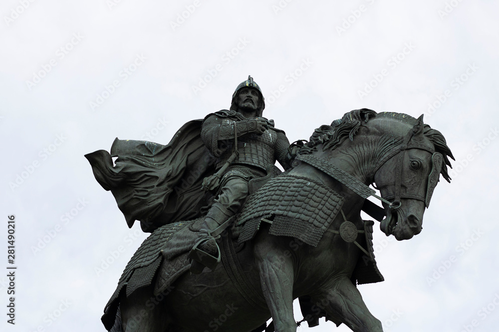 Kolomna Kremlin, Monument to Dmitry Donskoy on the background of clean white sky. He was the first prince of Moscow to openly challenge Mongol. Isolate, Horizontal, History, sihtseeing in Russia