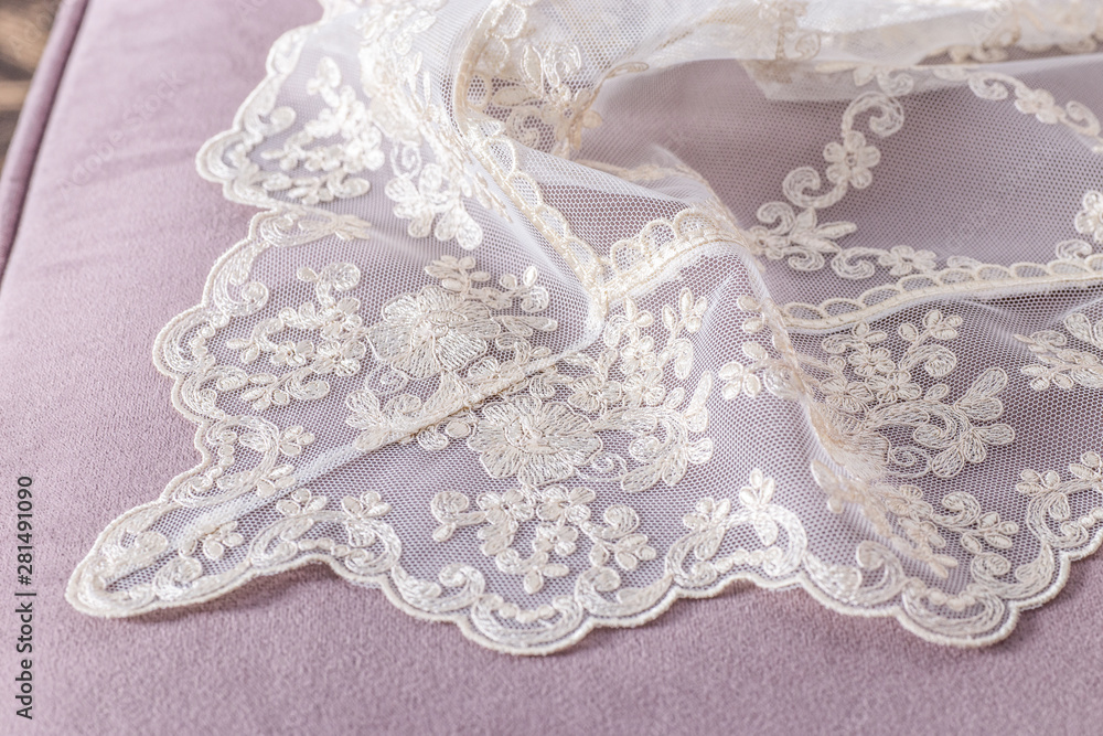 Fototapeta premium Close up of Beautiful White Tulle. Sheer Curtains Fabric Sample. Texture, Background, Pattern.