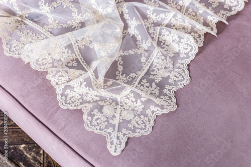 Fototapeta Naklejka Na Ścianę i Meble -  Close up of Beautiful White Tulle. Sheer Curtains Fabric Sample. Texture, Background, Pattern. 