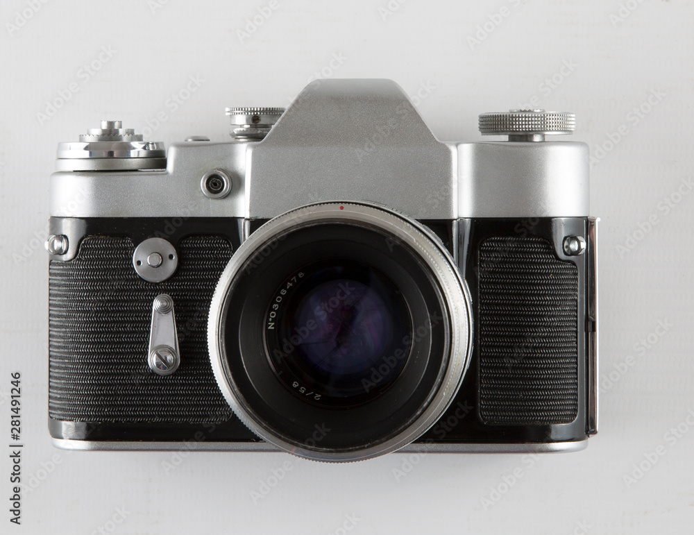 vintage retro photo camera isolated on the white background  close-up front view