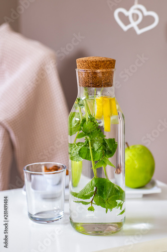 detox drink with mint and lemon, healthy eating and diet