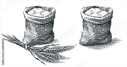 Flour in burlap bag with bunch of dry ears. Hand drawn engraving style illustrations.